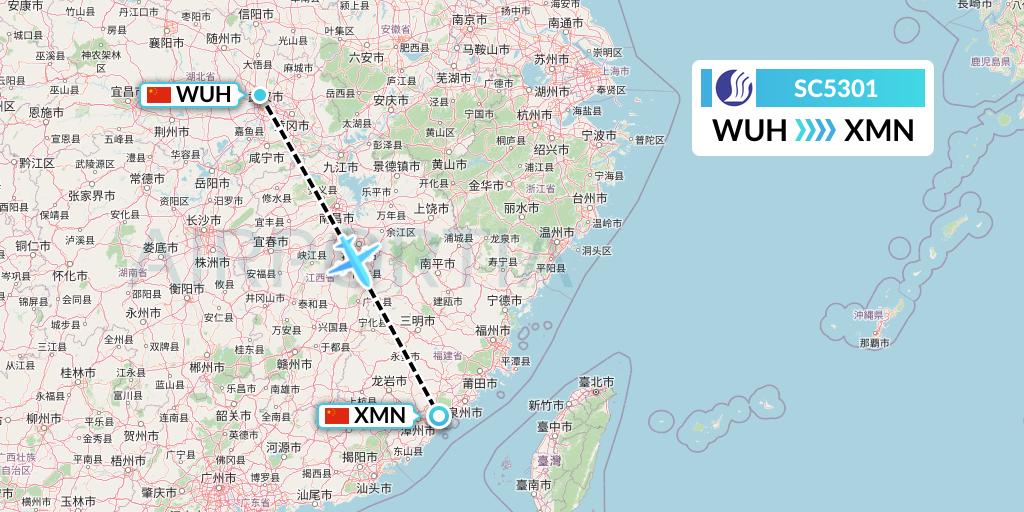 SC5301 Shandong Airlines Flight Map: Wuhan to Xiamen