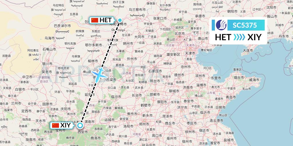 SC5375 Shandong Airlines Flight Map: Hohhot to Xi'an