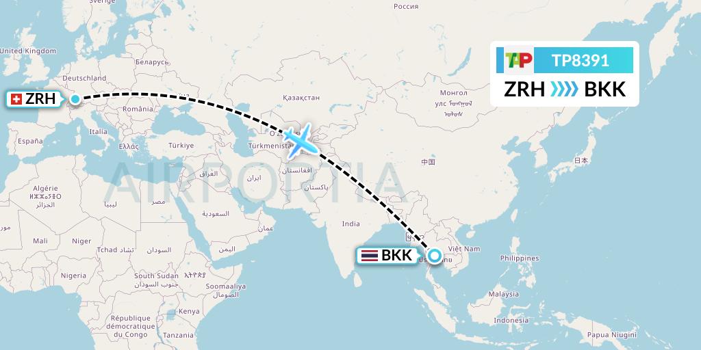 TP8391 TAP Portugal Flight Map: Zurich to Bangkok