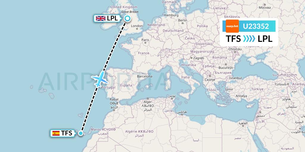 U23352 EasyJet Flight Map: Tenerife to Liverpool