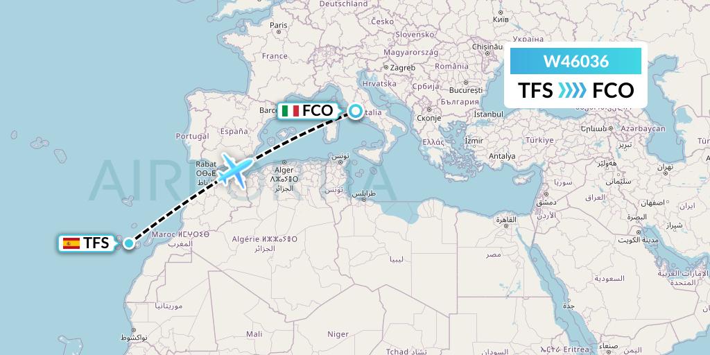 W46036 Wizz Air Malta Flight Map: Tenerife to Rome