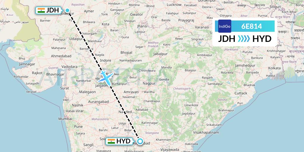 6E814 IndiGo Airlines Flight Map: Jodhpur to Hyderabad