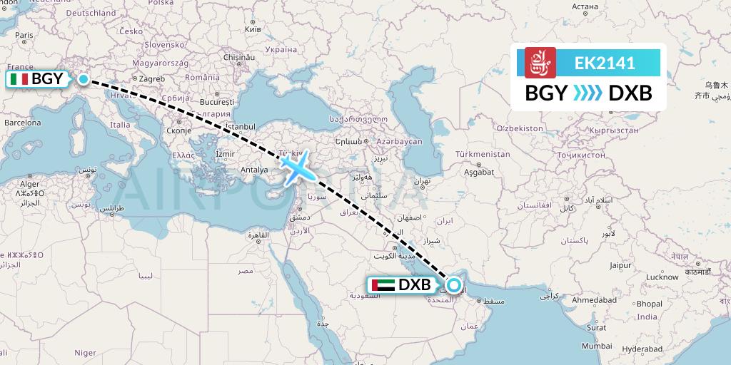 EK2141 Emirates Flight Map: Milan to Dubai