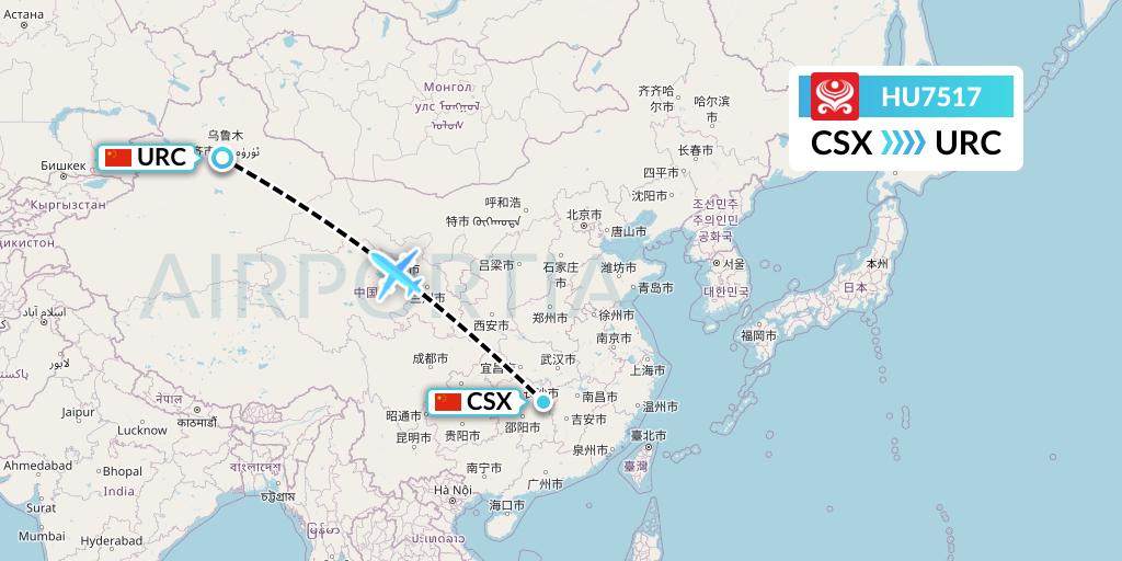 HU7517 Hainan Airlines Flight Map: Changsha to Urumqi