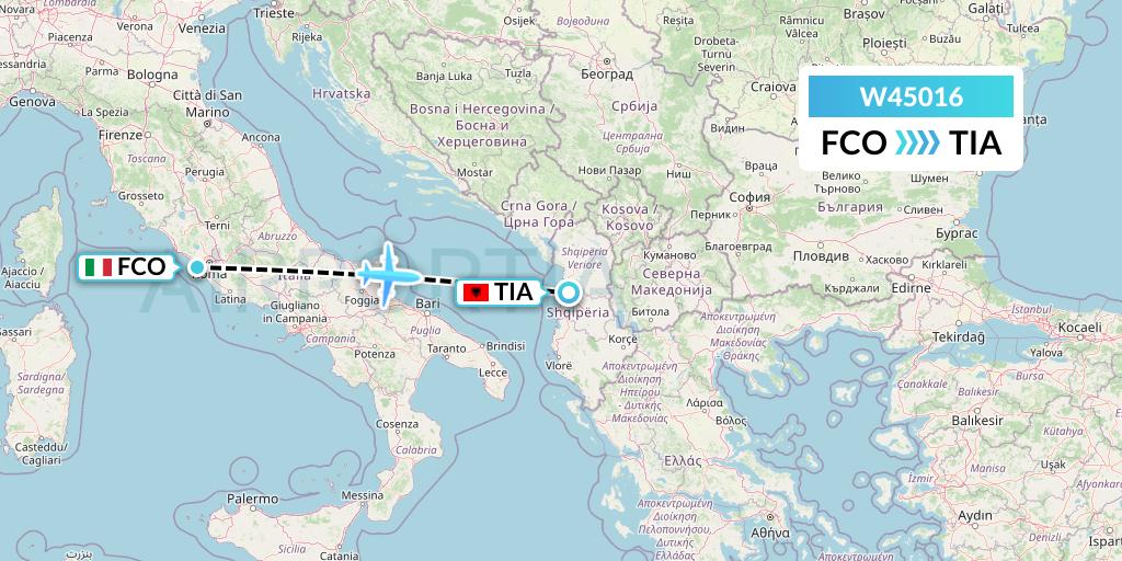 W45016 Wizz Air Malta Flight Map: Rome to Tirana