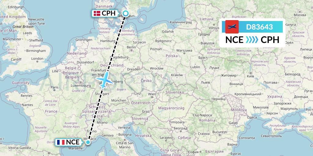 D83643 Norwegian Air International Flight Map: Nice to Copenhagen