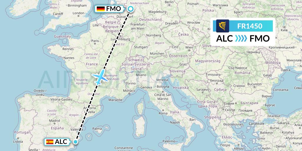 FR1450 Ryanair Flight Map: Alicante to Munster