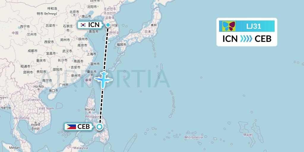 LJ31 Jin Air Flight Map: Seoul to Cebu
