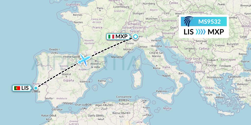 MS9532 EgyptAir Flight Map: Lisbon to Milan