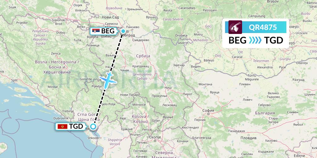 QR4875 Qatar Airways Flight Map: Belgrade to Podgorica