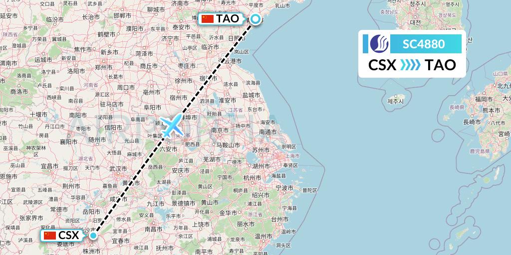 SC4880 Shandong Airlines Flight Map: Changsha to Qingdao