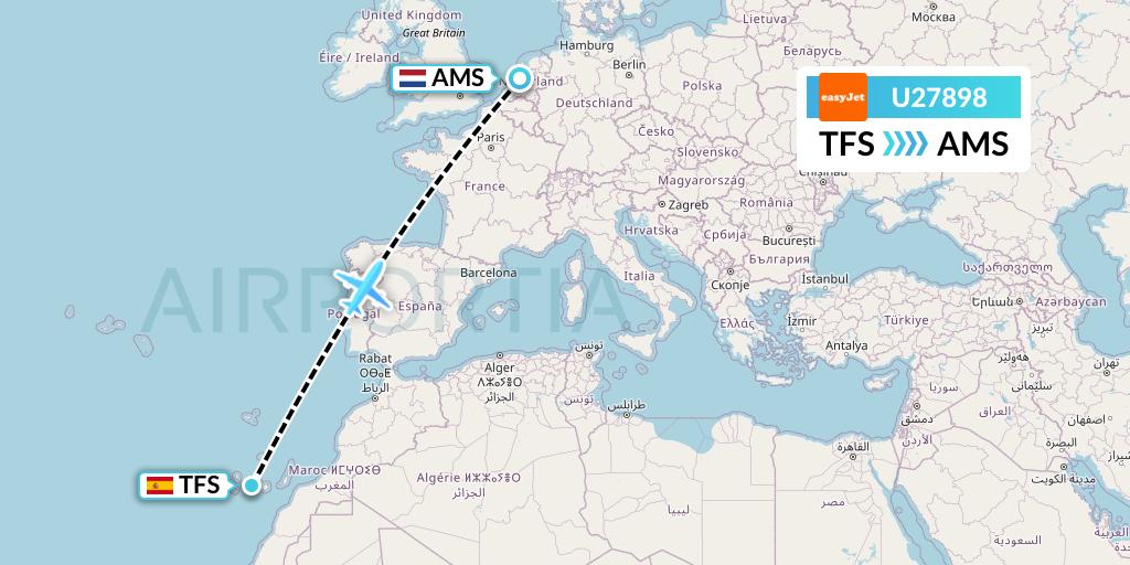 U27898 EasyJet Flight Map: Tenerife to Amsterdam