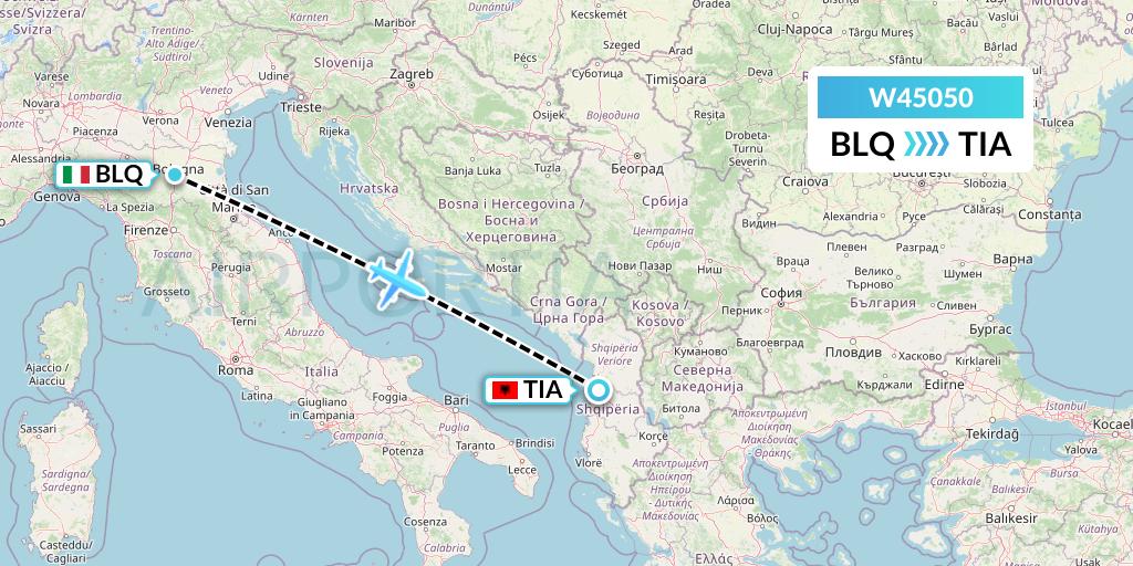 W45050 Wizz Air Malta Flight Map: Bologna to Tirana