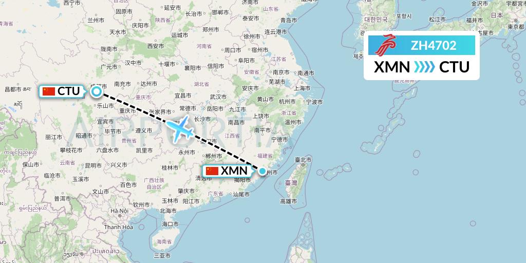 ZH4702 Shenzhen Airlines Flight Map: Xiamen to Chengdu