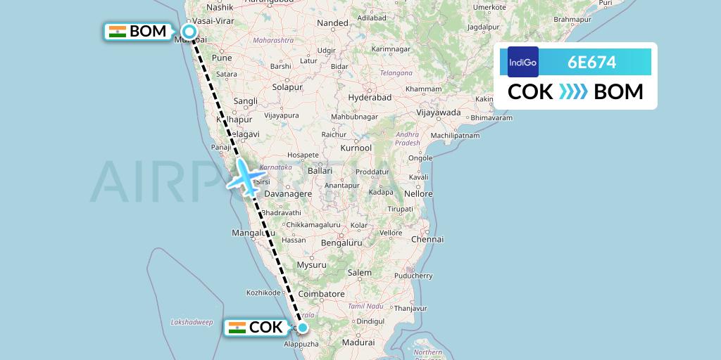 6E674 IndiGo Airlines Flight Map: Cochin to Mumbai