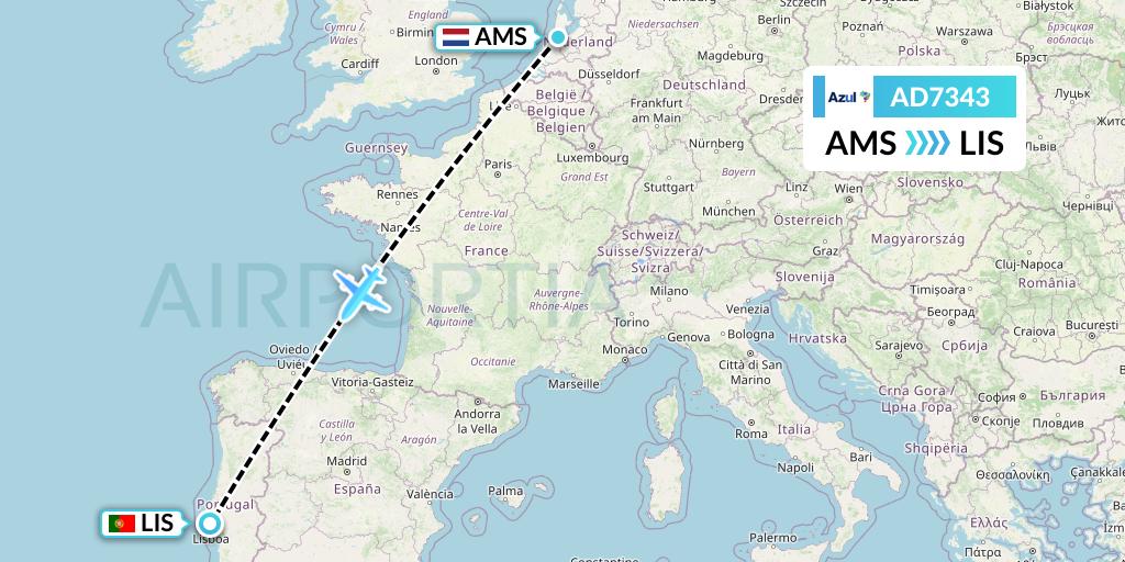 AD7343 Azul Brazilian Airlines Flight Map: Amsterdam to Lisbon