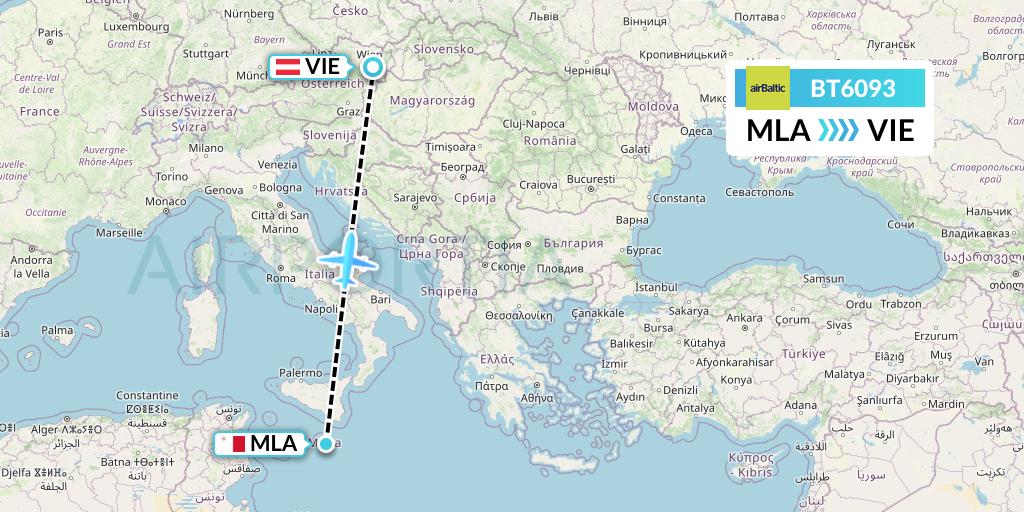 BT6093 Air Baltic Flight Map: Malta to Vienna