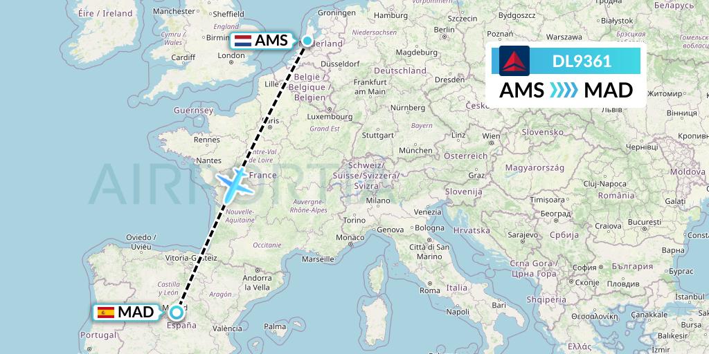 DL9361 Delta Air Lines Flight Map: Amsterdam to Madrid