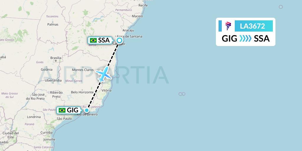 LA3672 LAN Airlines Flight Map: Rio de Janeiro to Salvador