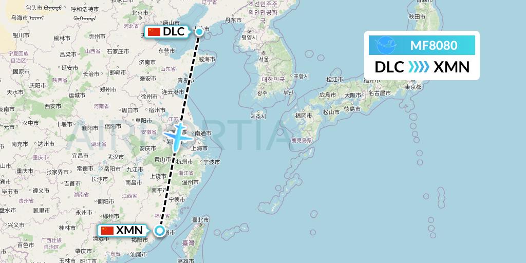 MF8080 Xiamen Airlines Flight Map: Dalian to Xiamen