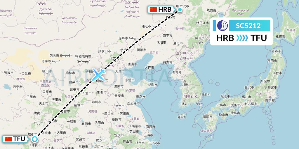 SC5212 Shandong Airlines Flight Map: Harbin to Chengdu
