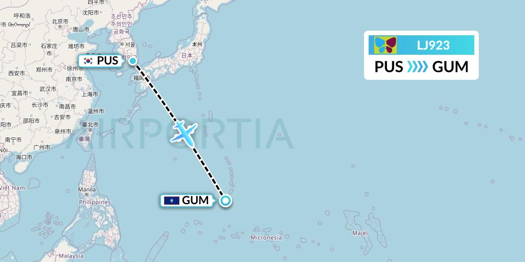 LJ923 Jin Air Flight Map: Busan to Guam