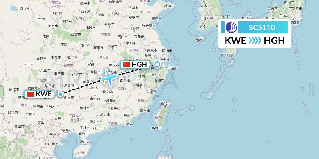 SC5110 Shandong Airlines Flight Map: Guiyang to Hangzhou