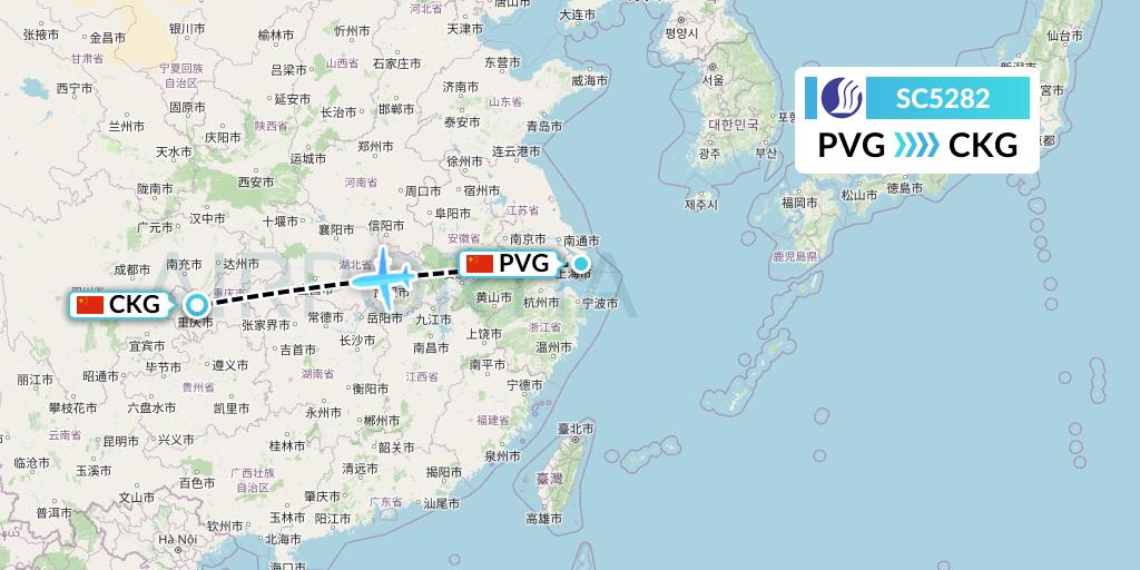 SC5282 Shandong Airlines Flight Map: Shanghai to Chongqing