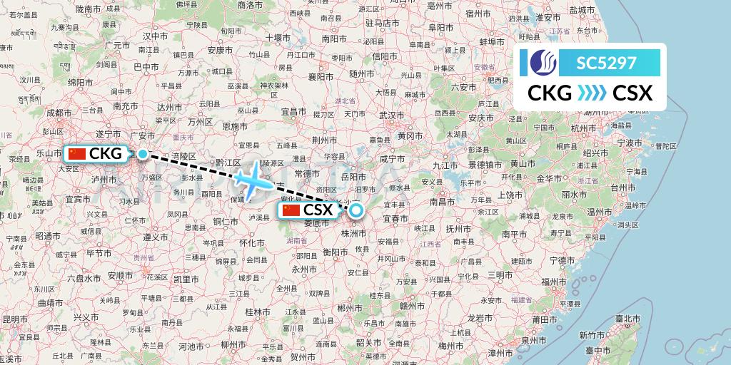 SC5297 Shandong Airlines Flight Map: Chongqing to Changsha