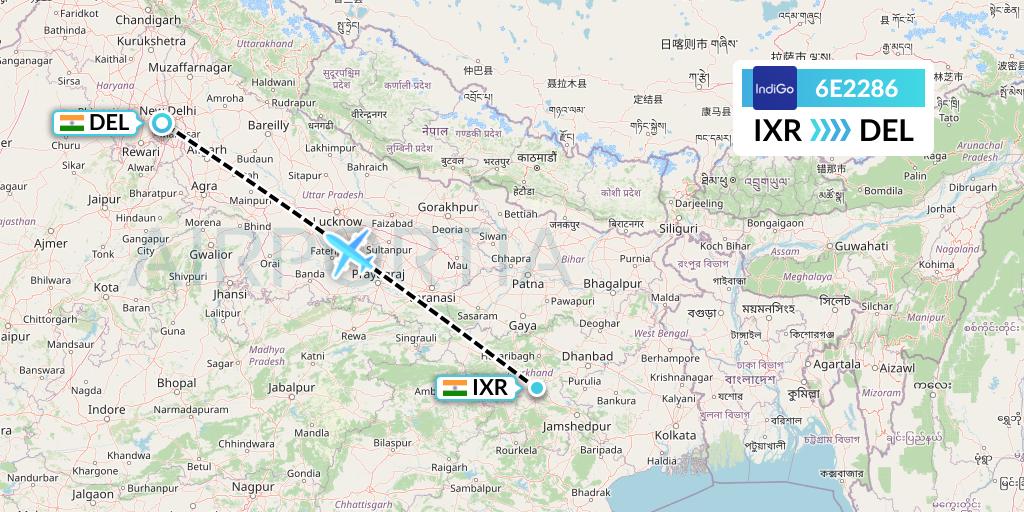 6E2286 IndiGo Airlines Flight Map: Ranchi to Delhi
