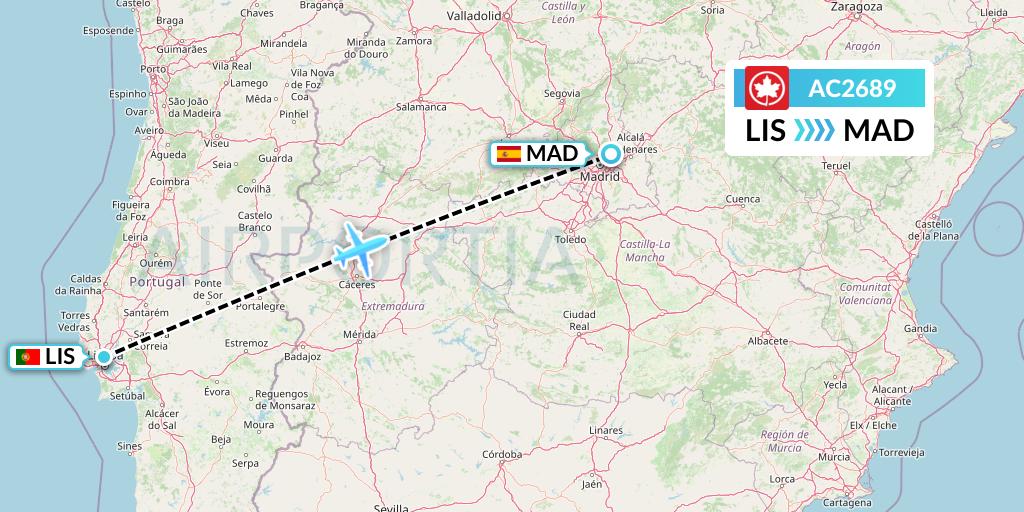 AC2689 Air Canada Flight Map: Lisbon to Madrid
