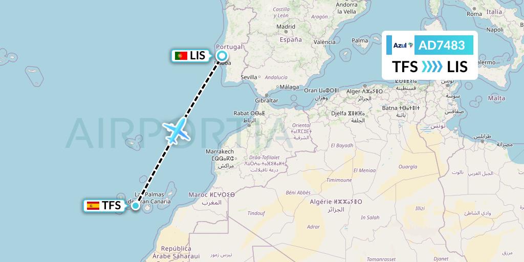 AD7483 Azul Brazilian Airlines Flight Map: Tenerife to Lisbon