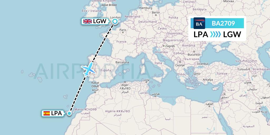 BA2709 British Airways Flight Map: Las Palmas to London