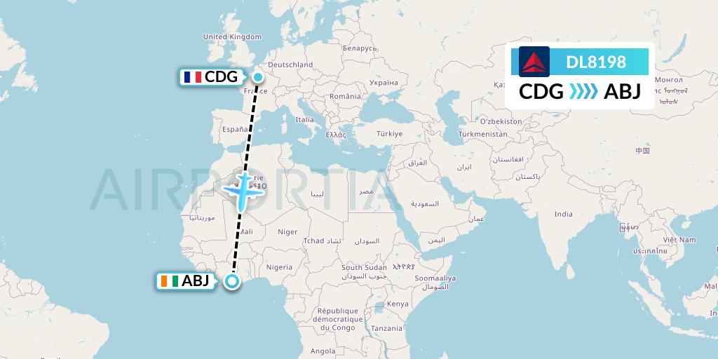 DL8198 Delta Air Lines Flight Map: Paris to Abidjan
