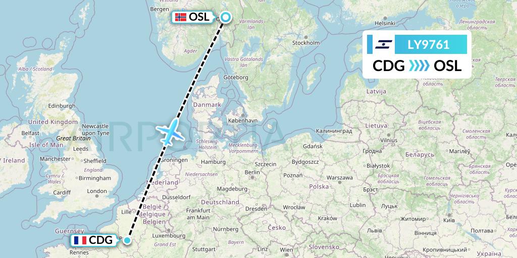 LY9761 El Al Flight Map: Paris to Oslo