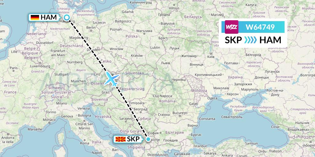 W64749 Wizz Air Flight Map: Skopje to Hamburg