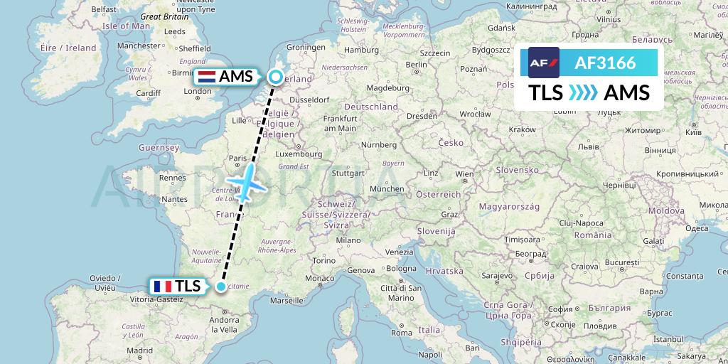 AF3166 Air France Flight Map: Toulouse to Amsterdam