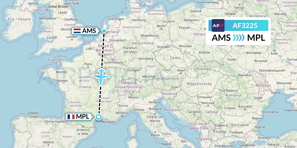 AF3225 Air France Flight Map: Amsterdam to Montpellier