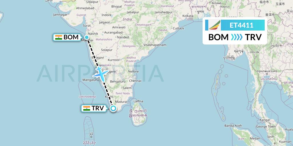 ET4411 Ethiopian Airlines Flight Map: Mumbai to Thiruvananthapuram