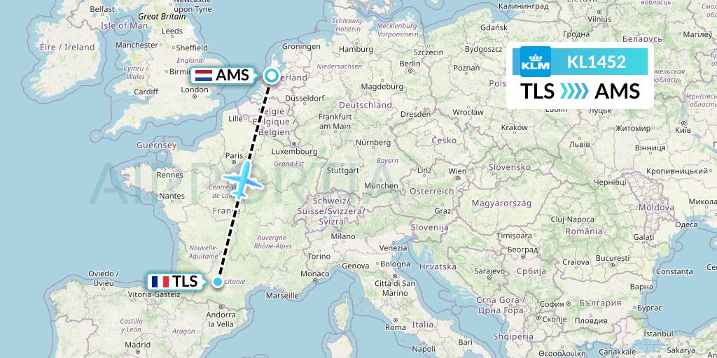 KL1452 KLM Flight Map: Toulouse to Amsterdam