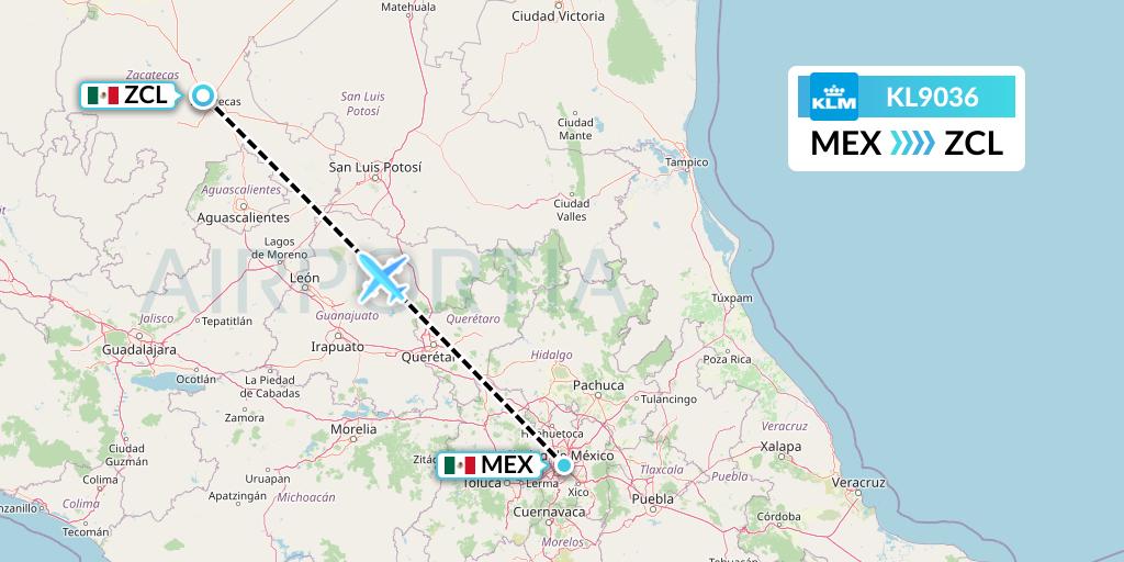 KL9036 KLM Flight Map: Mexico City to Zacatecas