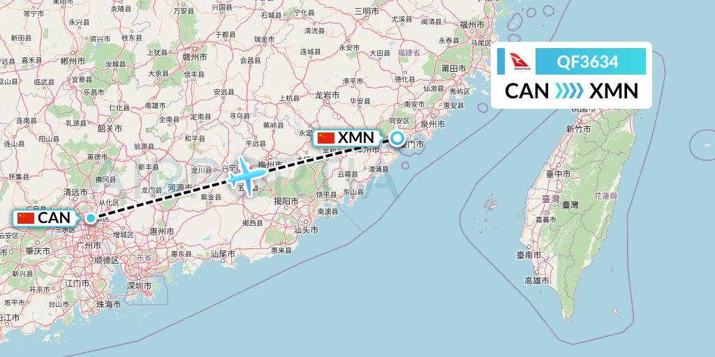 QF3634 Qantas Flight Map: Guangzhou to Xiamen