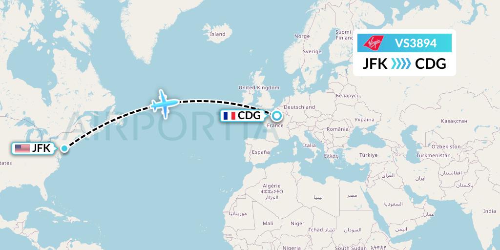 VS3894 Virgin Atlantic Airways Flight Map: New York to Paris