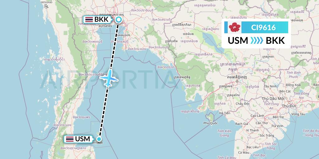 CI9616 China Airlines Flight Map: Koh Samui to Bangkok