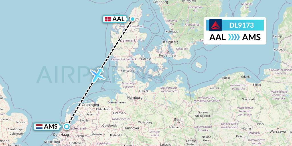 DL9173 Delta Air Lines Flight Map: Aalborg to Amsterdam