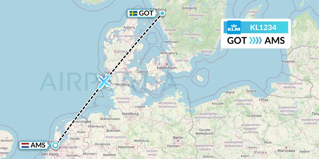 KL1234 KLM Flight Map: Gothenburg to Amsterdam