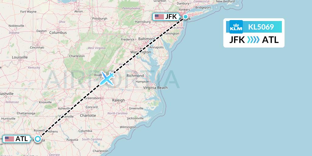KL5069 KLM Flight Map: New York to Atlanta
