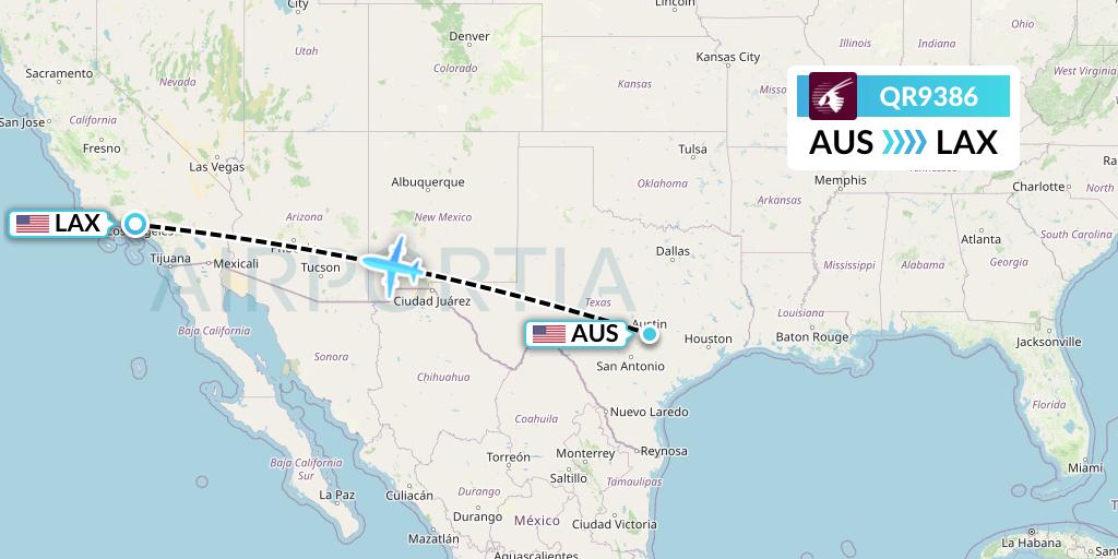 QR9386 Qatar Airways Flight Map: Austin to Los Angeles