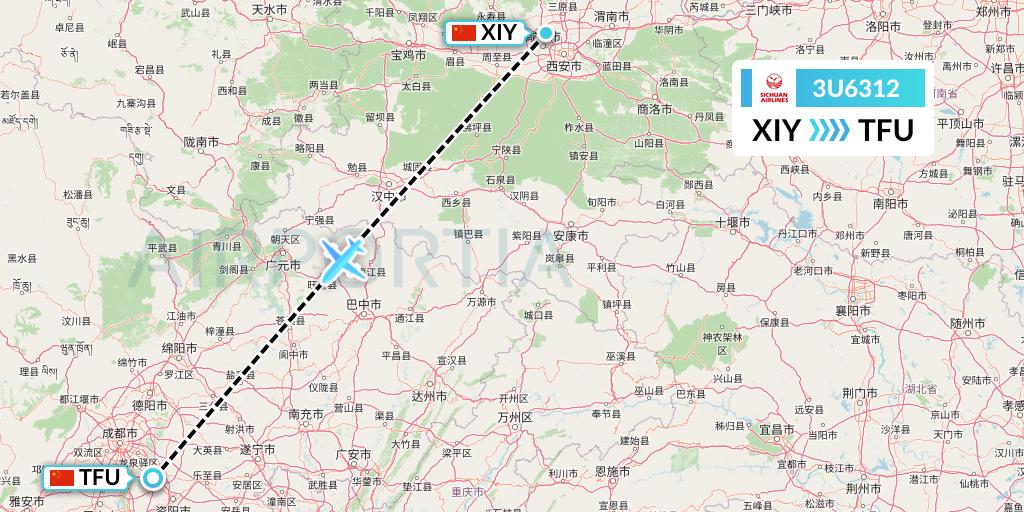 3U6312 Sichuan Airlines Flight Map: Xi'an to Chengdu