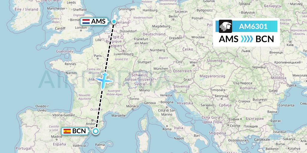 AM6301 Aeromexico Flight Map: Amsterdam to Barcelona